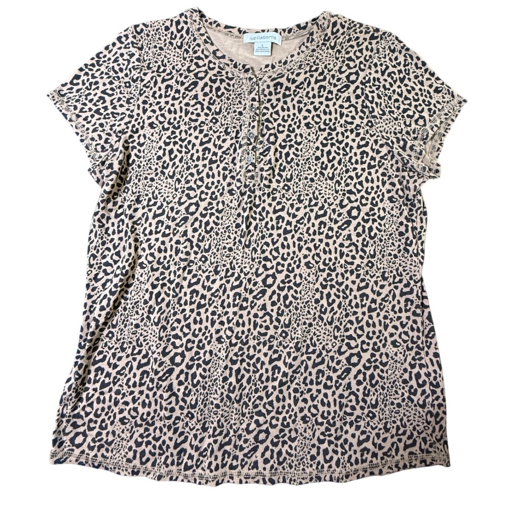 Liz Claiborne Leopard Print Henley Shirt Size‎ Large Tan Black Short Sleeve